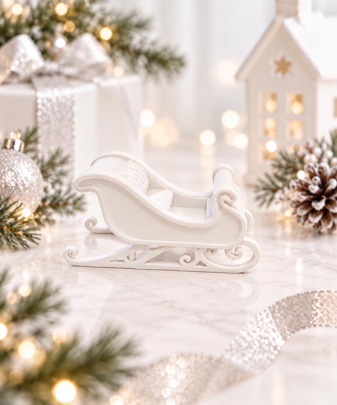 Hamptons Christmas Sleigh | 1:12 Dollhouse Miniature Holiday Decor | Signature Milky White Santa Sleigh