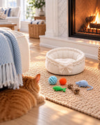Hamptons Cat Bed and Toy Set | 1:12 Dollhouse Miniature Pet Furniture | Coastal Cat Accessories
