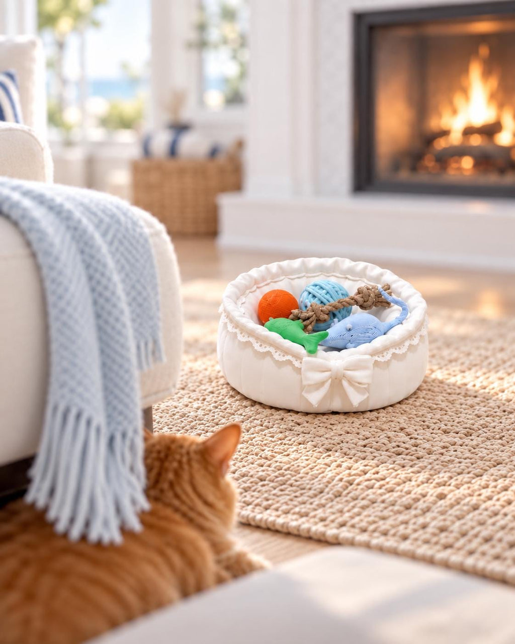 Hamptons Cat Bed and Toy Set | 1:12 Dollhouse Miniature Pet Furniture | Coastal Cat Accessories