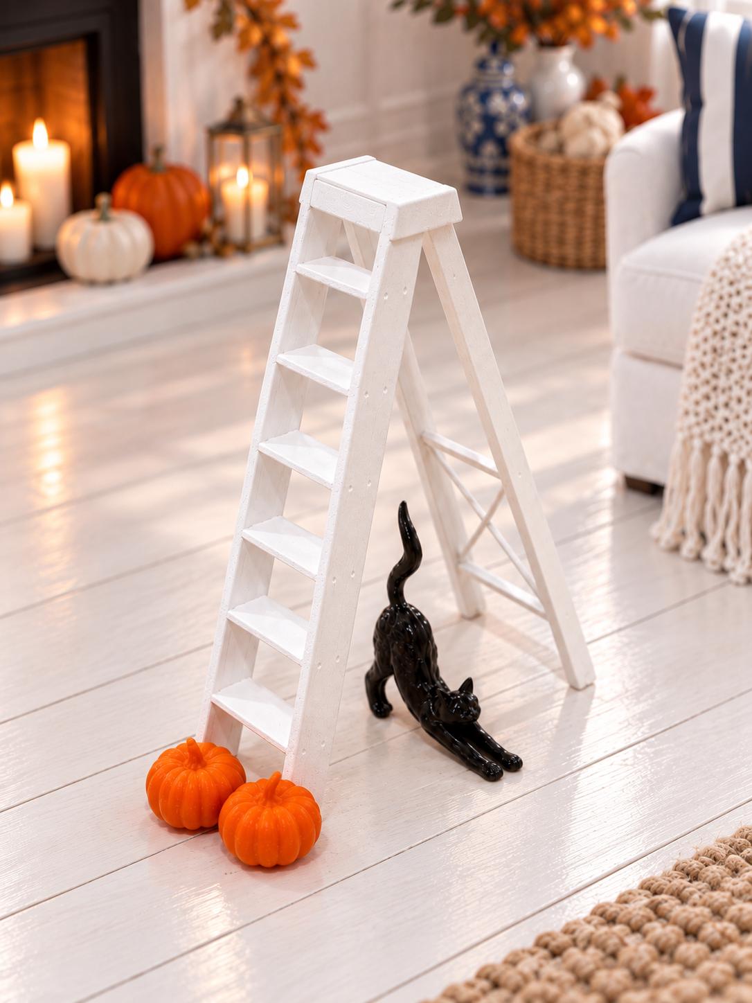Halloween Decorating Set | 1:12 Dollhouse Miniature Ladder, Black Cat and Pumpkins | Hamptons Fall Decor