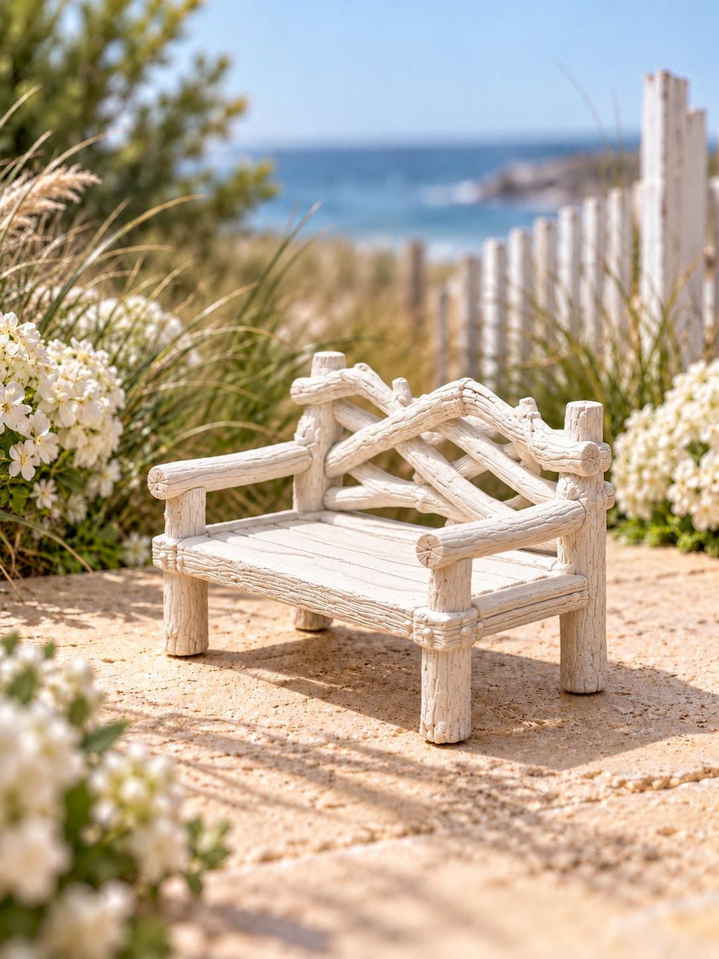 White Driftwood Beach Bench | 1:12 Scale Coastal Dollhouse Garden Furniture