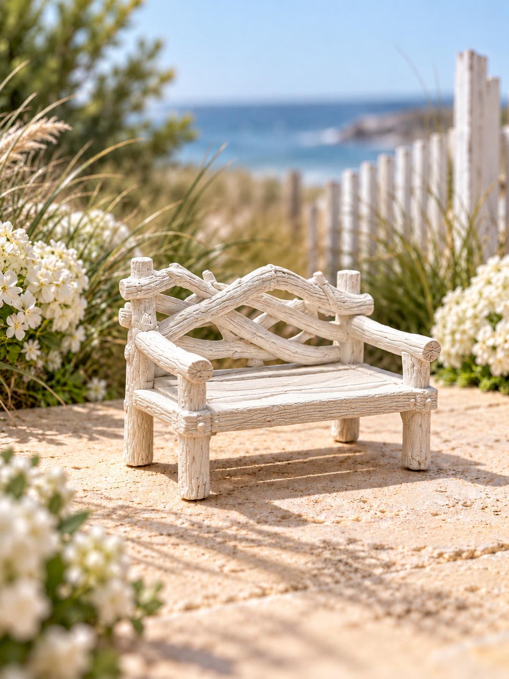 White Driftwood Beach Bench | 1:12 Scale Coastal Dollhouse Garden Furniture