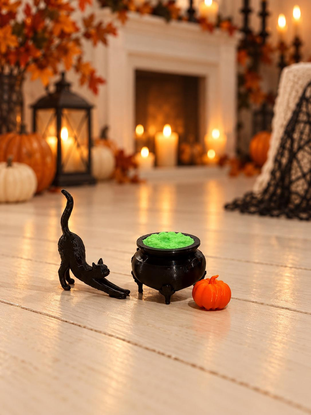 Halloween Witch’s Cauldron, Pumpkin and Black Cat Set | 1:12 Scale Dollhouse Halloween Miniatures