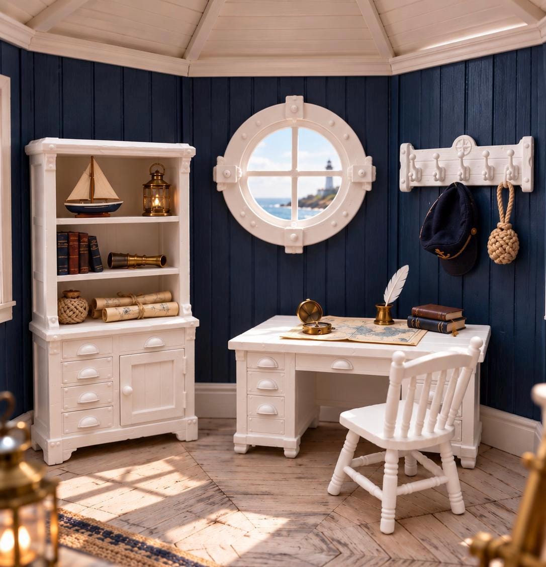 Lighthouse Keeper’s Study Set | 1:12 Scale Nautical Dollhouse Desk, Bookcase, Chair Coat Rack and Porthole Window