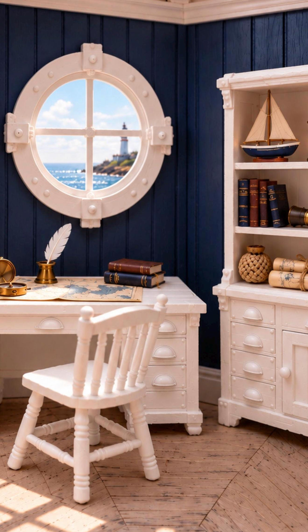 Lighthouse Keeper’s Study Set | 1:12 Scale Nautical Dollhouse Desk, Bookcase, Chair Coat Rack and Porthole Window