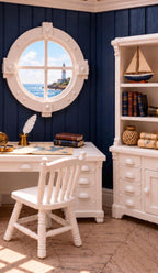 Lighthouse Keeper’s Study Set | 1:12 Scale Nautical Dollhouse Desk, Bookcase, Chair Coat Rack and Porthole Window