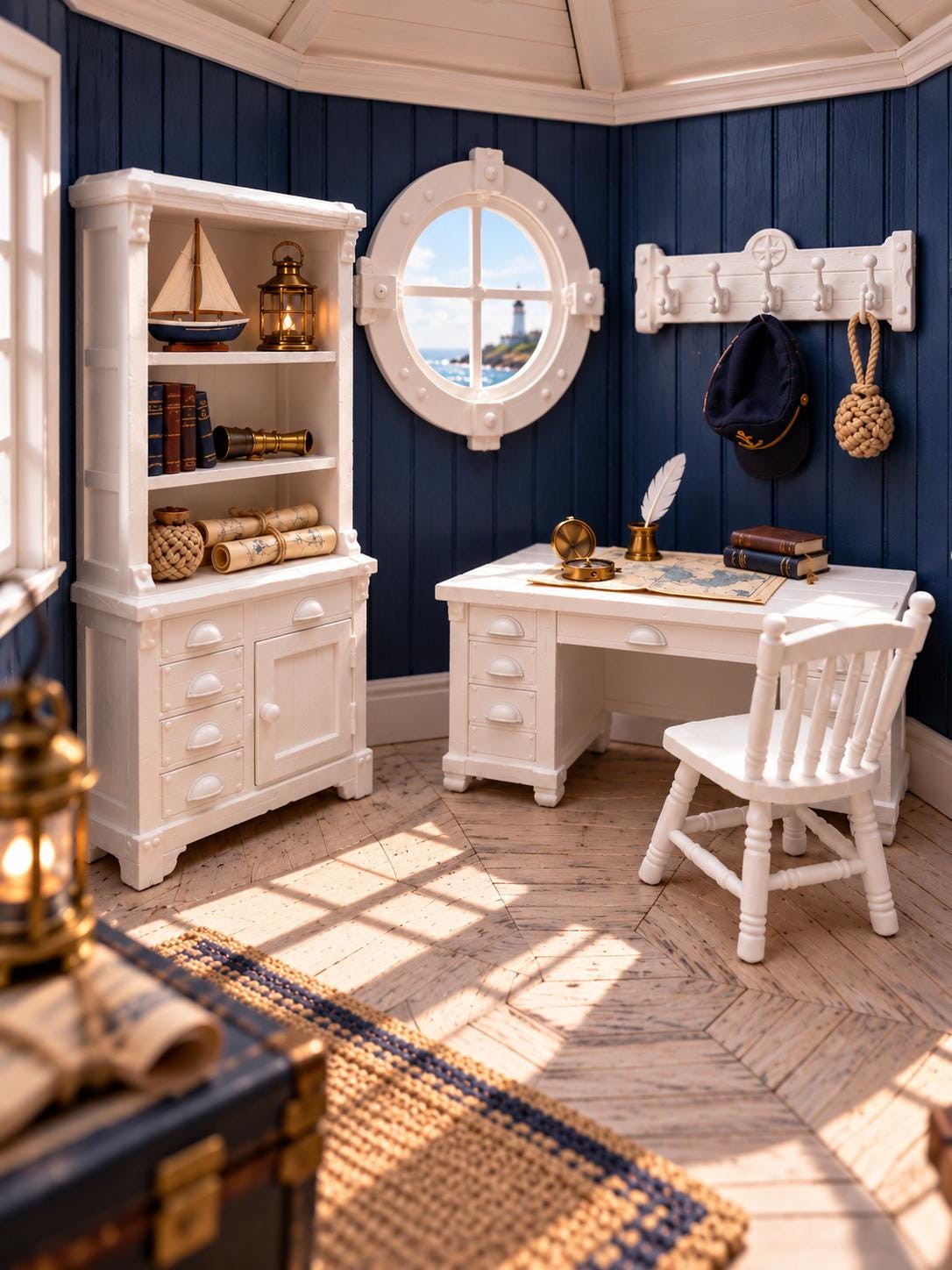 Lighthouse Keeper’s Study Set with Porthole Window | 1:12 Scale Nautical Dollhouse Furniture