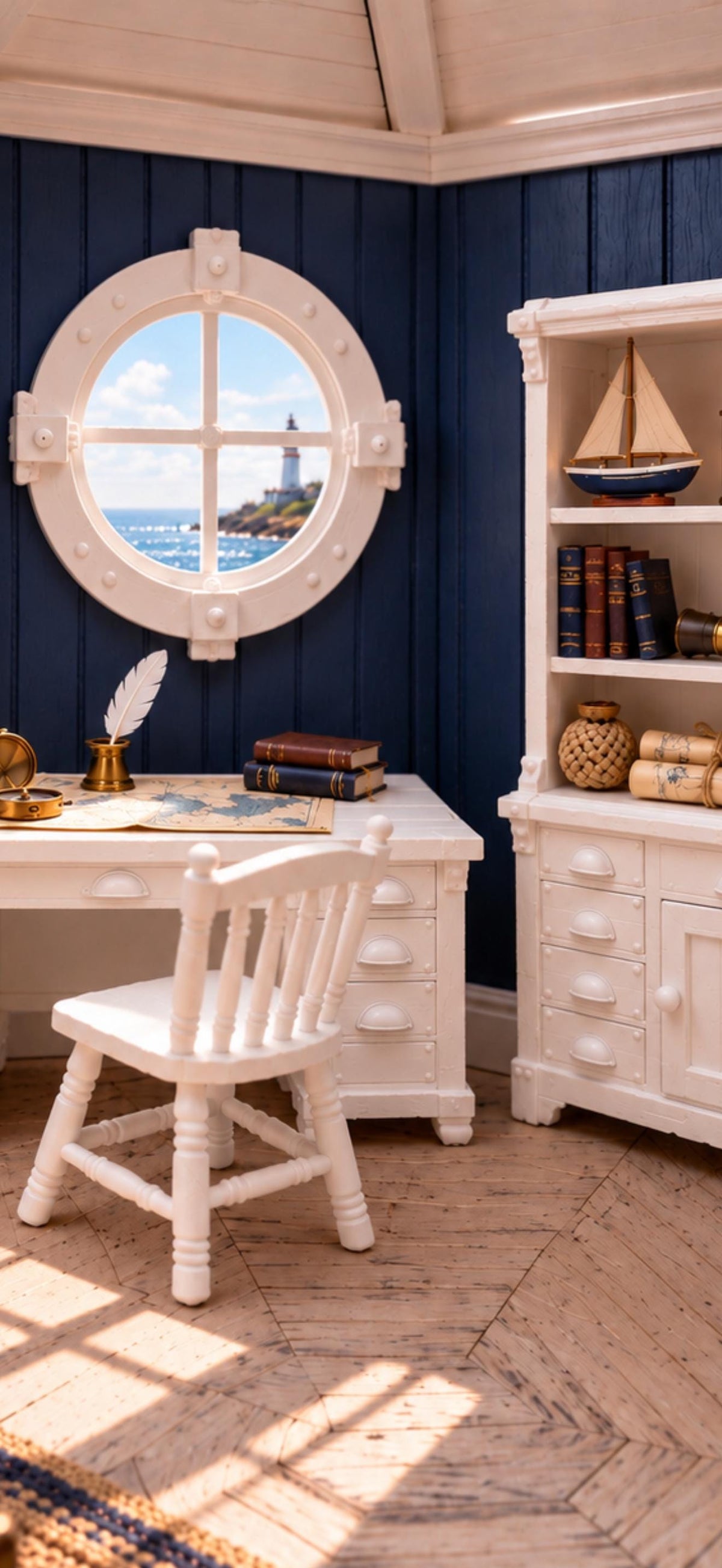 Lighthouse Keeper’s Study Set with Porthole Window | 1:12 Scale Nautical Dollhouse Furniture