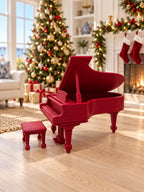 Christmas Grand Piano and Stool | 1:12 Scale Dollhouse Miniature Piano | Festive Red Holiday Furniture