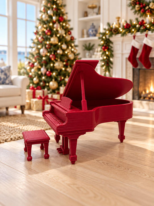 Christmas Grand Piano and Stool | 1:12 Scale Dollhouse Miniature Piano | Festive Red Holiday Furniture