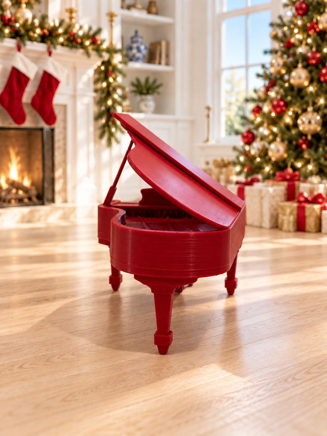 Christmas Grand Piano and Stool | 1:12 Scale Dollhouse Miniature Piano | Festive Red Holiday Furniture