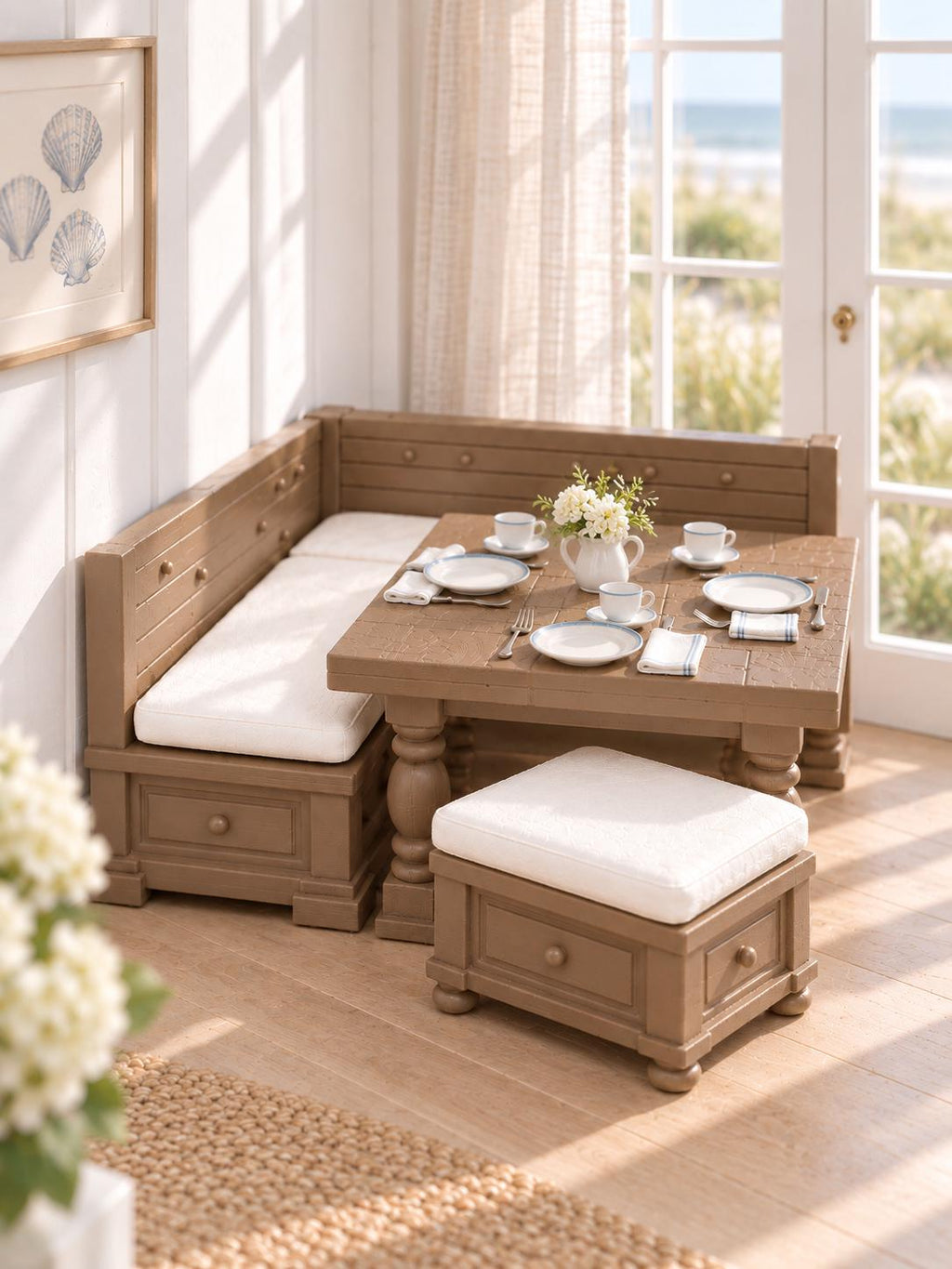 Hamptons Breakfast Nook Dining Set | 1:12 Scale Dollhouse Corner Bench, Table and Ottoman