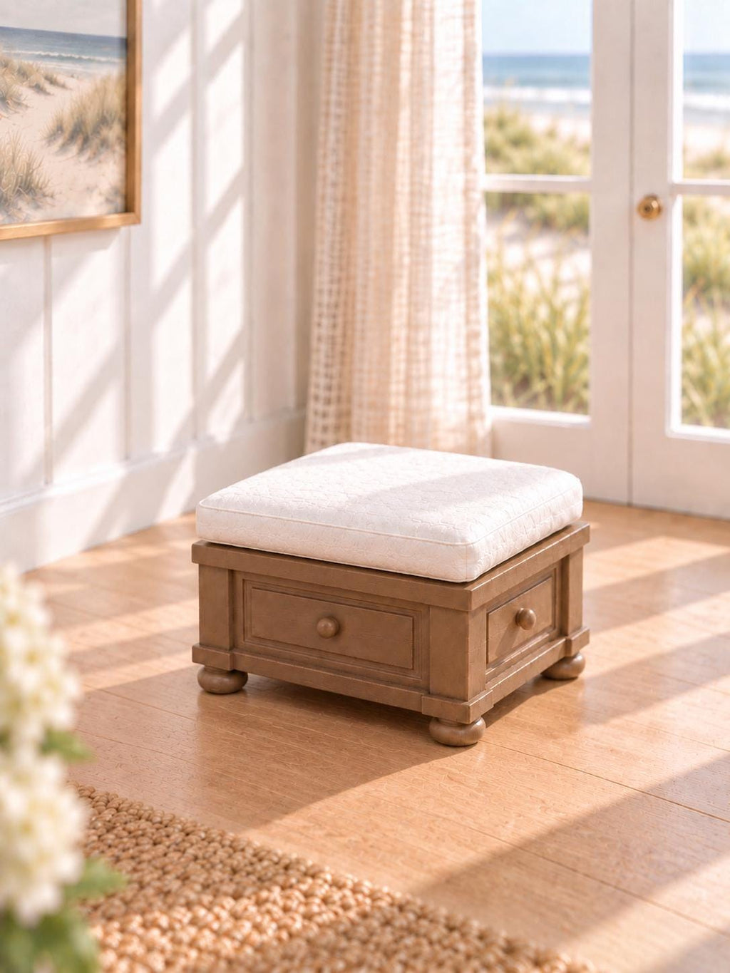Hamptons Breakfast Nook Dining Set | 1:12 Scale Dollhouse Corner Bench, Table and Ottoman