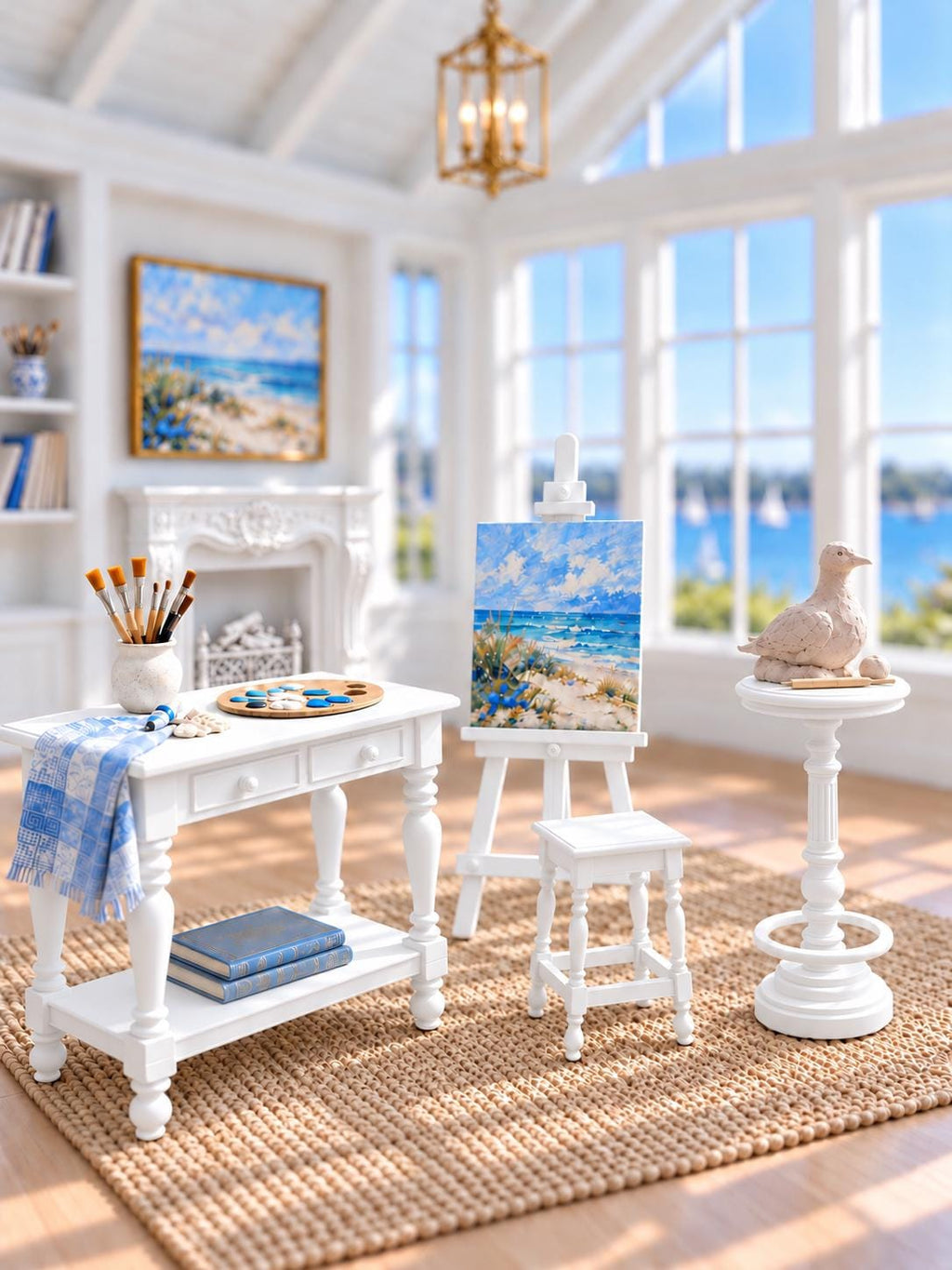 Hamptons Artist Studio Set with Fireplace | 1:12 Scale Dollhouse Easel, Art Table, Stool and Sculpture Stand