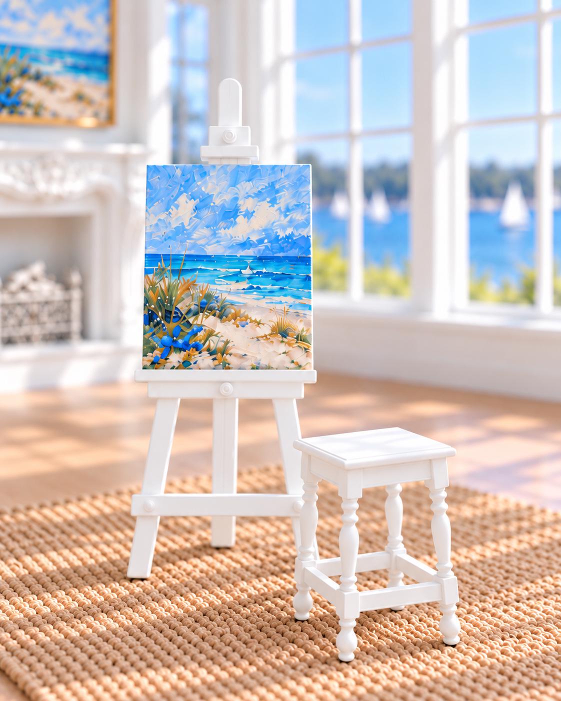 Hamptons Artist Studio Set with Fireplace | 1:12 Scale Dollhouse Easel, Art Table, Stool and Sculpture Stand