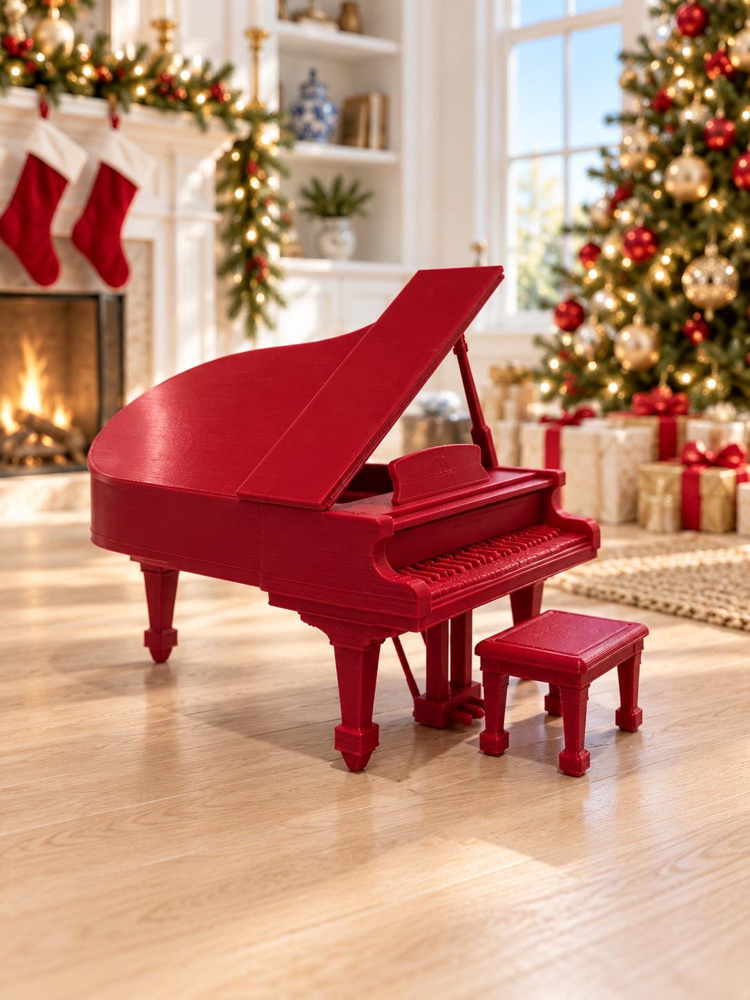 Christmas Grand Piano and Stool | 1:12 Scale Dollhouse Miniature Piano | Festive Red Holiday Furniture