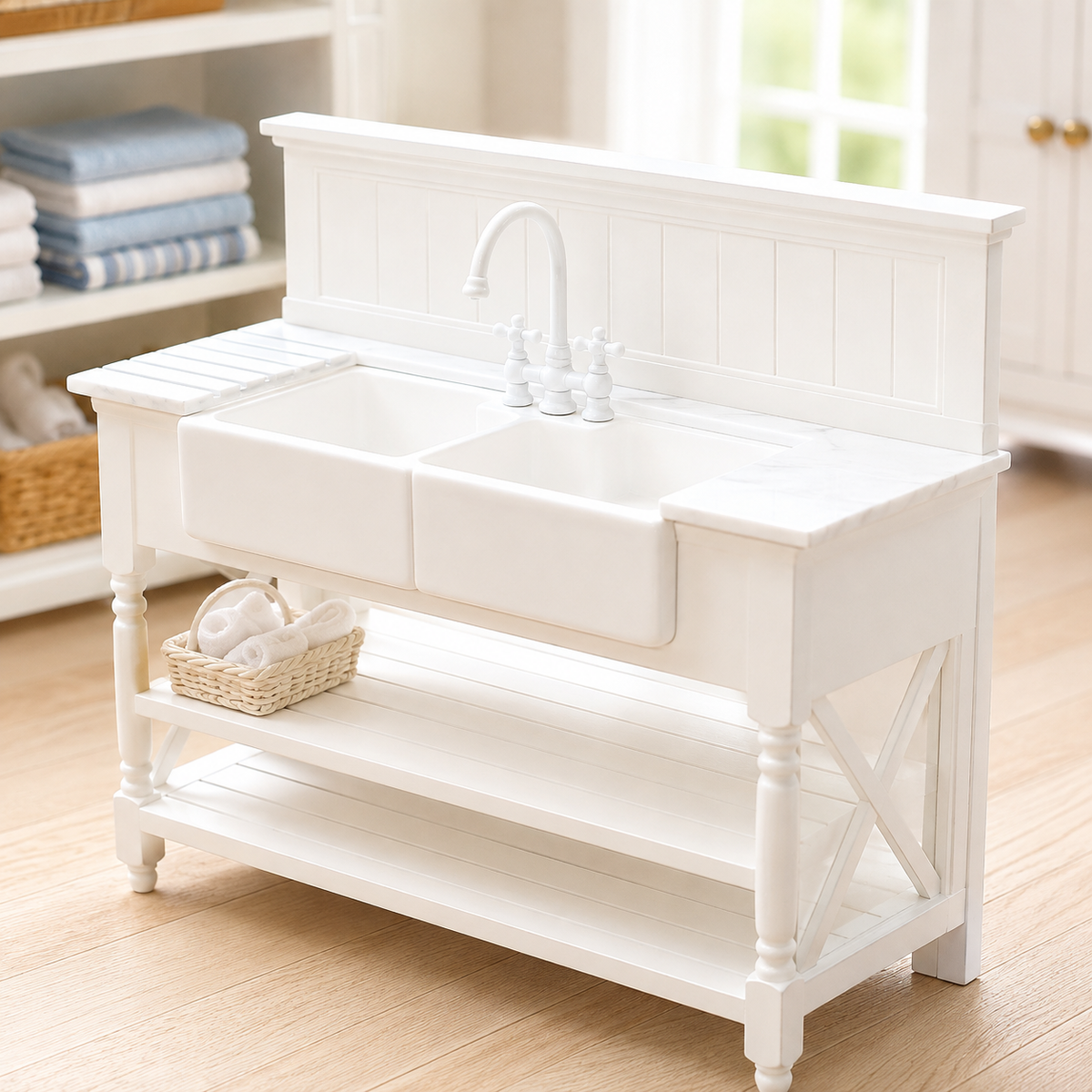 Hamptons Double Laundry Sink | 1:12 Dollhouse Miniature Furniture | Coastal Utility Sink